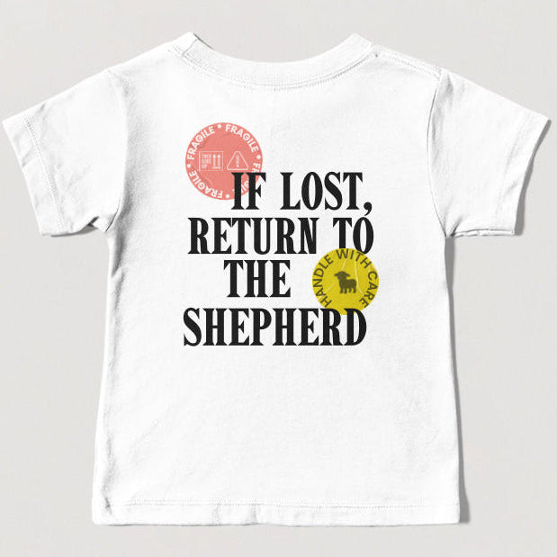 White t-shirt with graphic design on a gray background